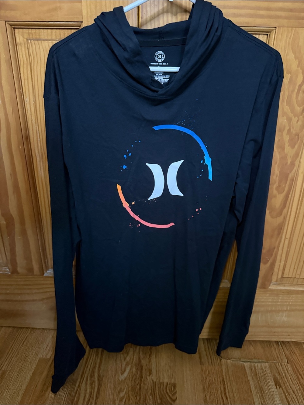 Hurley Black Long Sleeve Hooded Tee with Blue & Orange Graphic